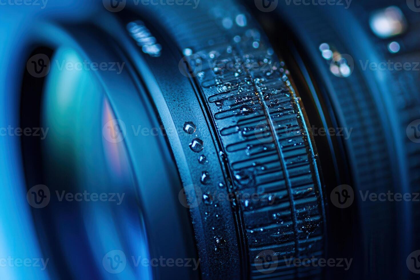 A close up of a camera lens with water droplets on it photo