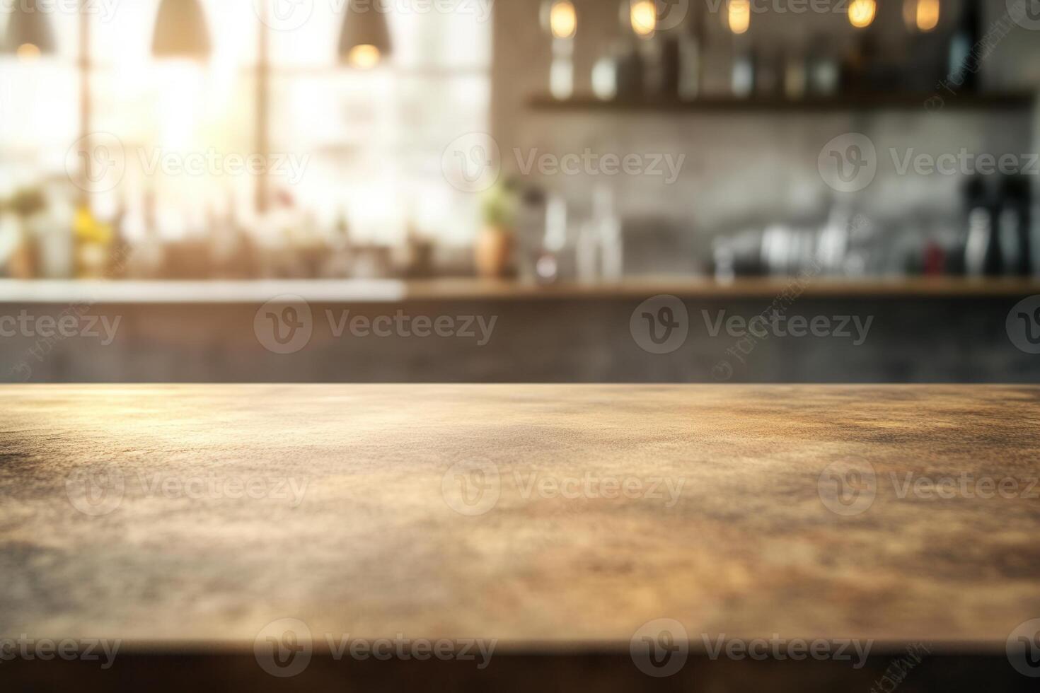 Bar counter with wooden table and sunlight photo