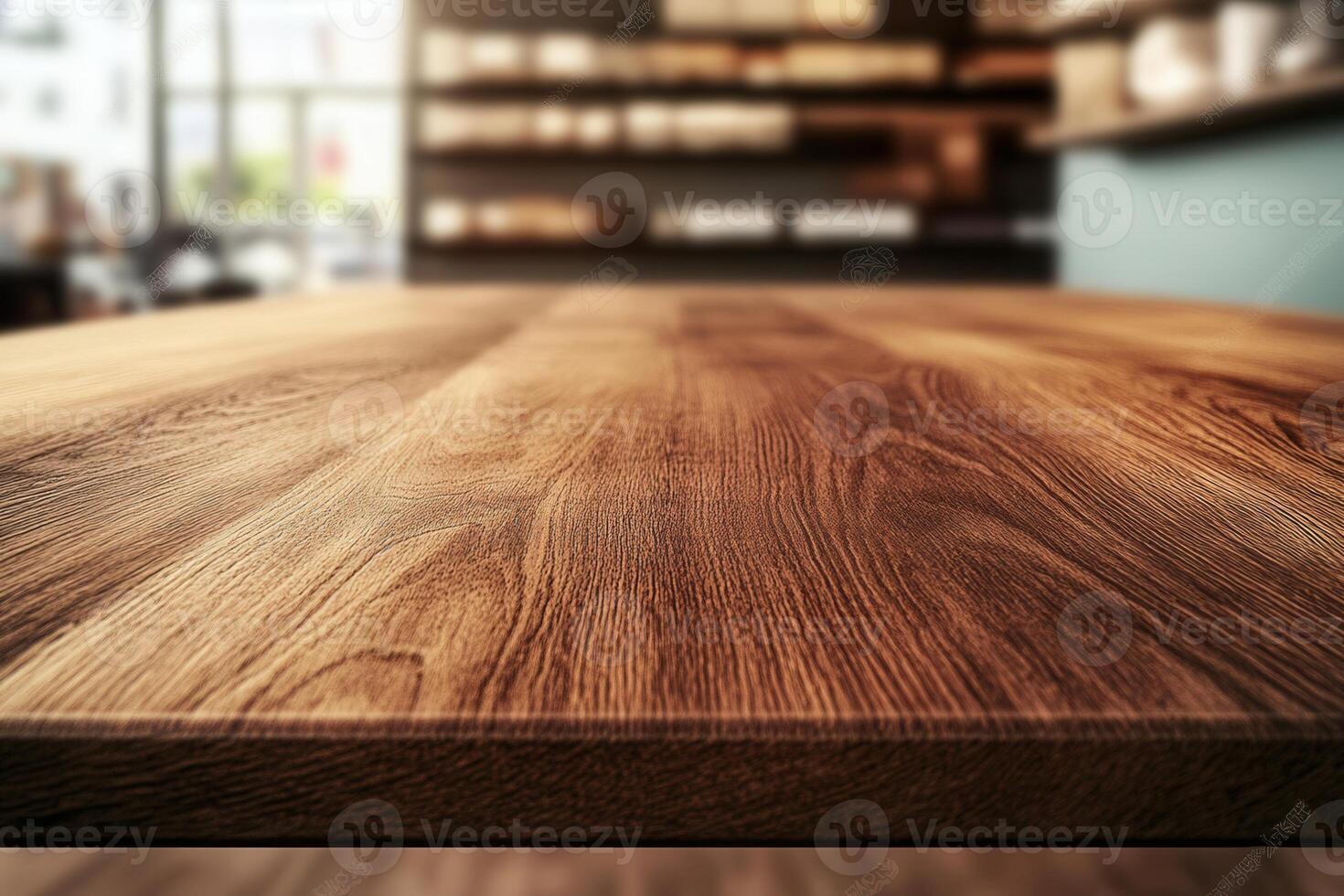 Wooden table top with blurred background photo