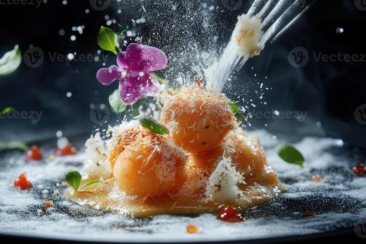 A fork is being used to sprinkle food on a plate photo