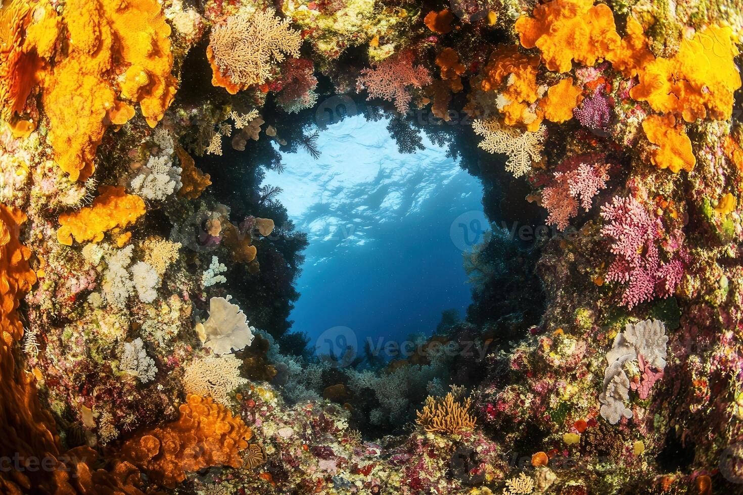 Colorful coral reef with a view into the ocean. photo