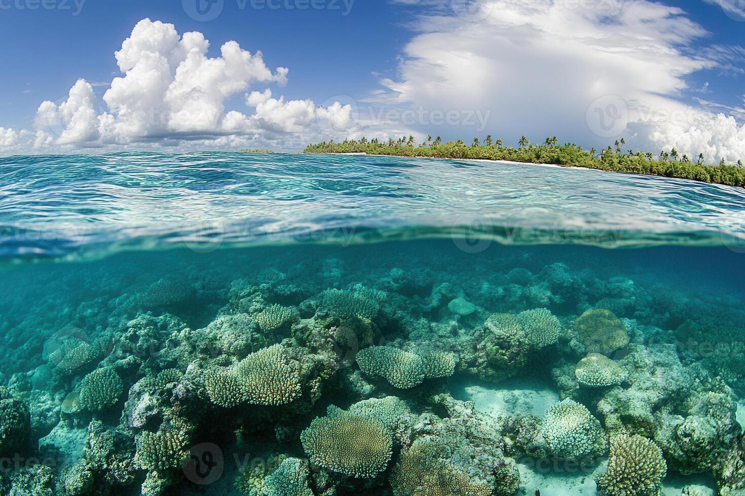 Coral reef under clear water with a tropical island backdrop. photo