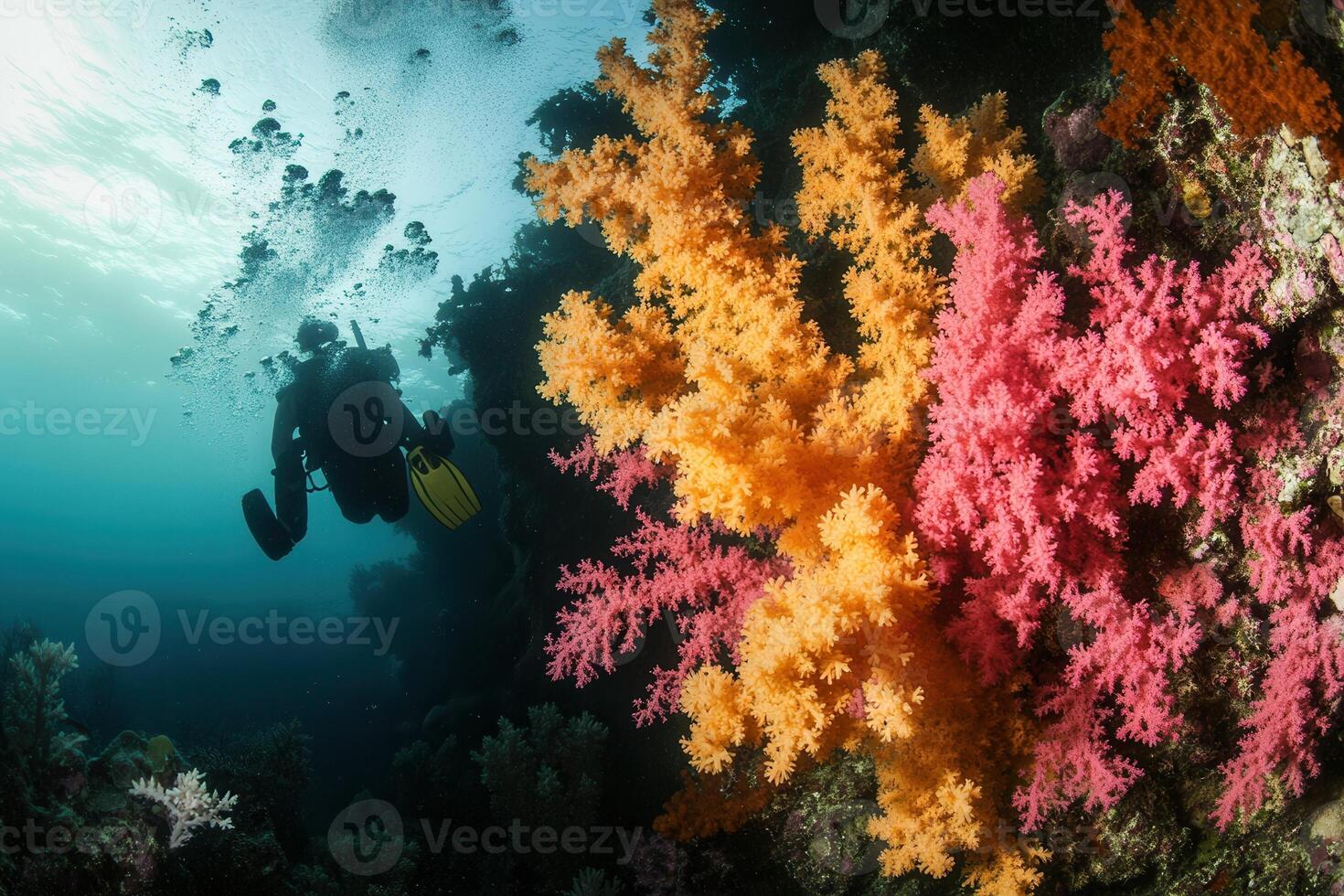 Diver exploring vibrant coral reef underwater. photo