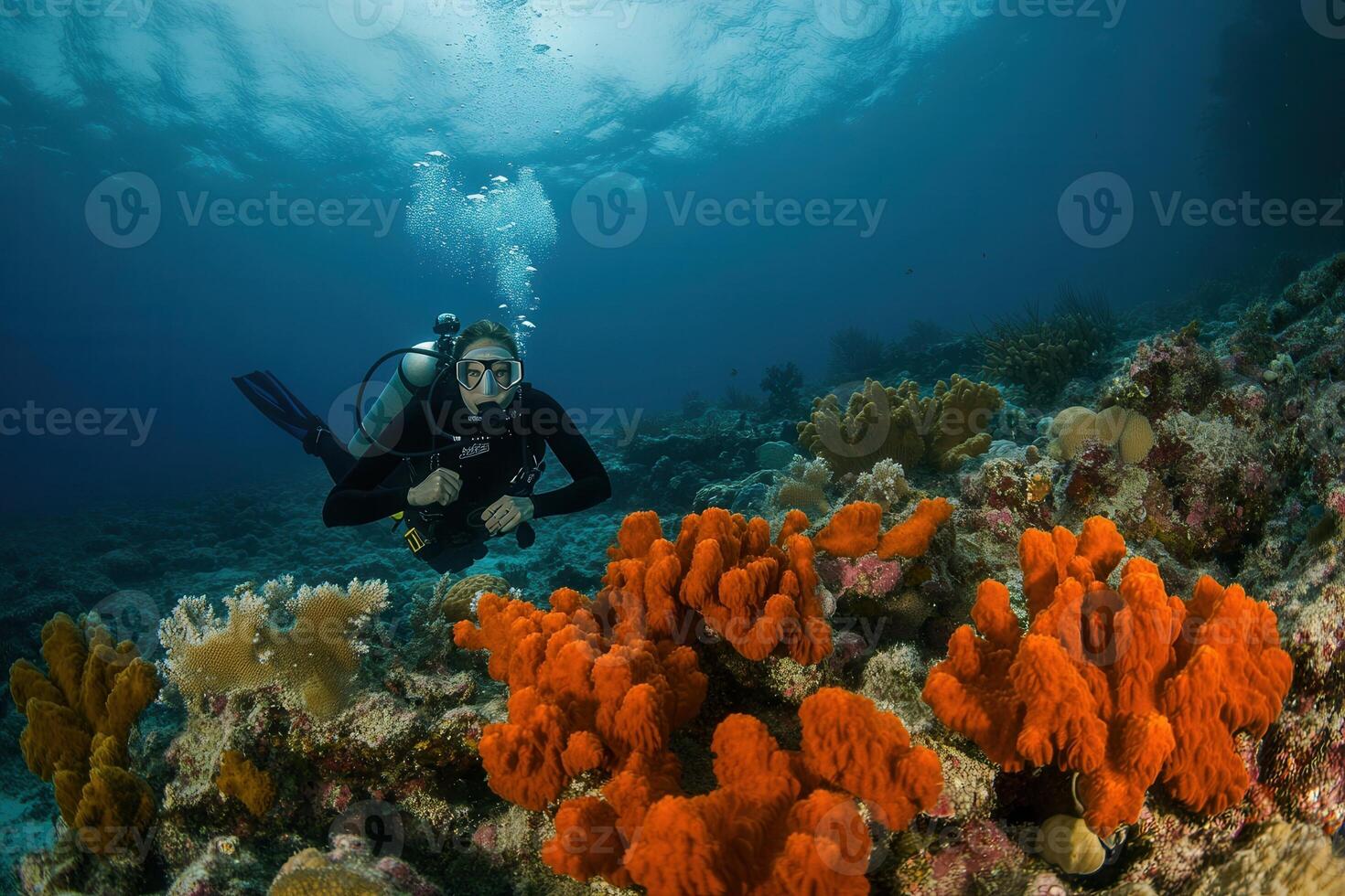 Diver exploring vibrant coral reef underwater. photo