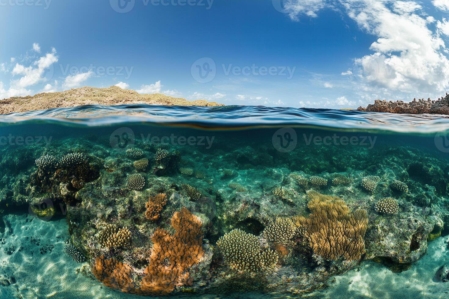 Underwater coral reef scene with clear blue water. photo