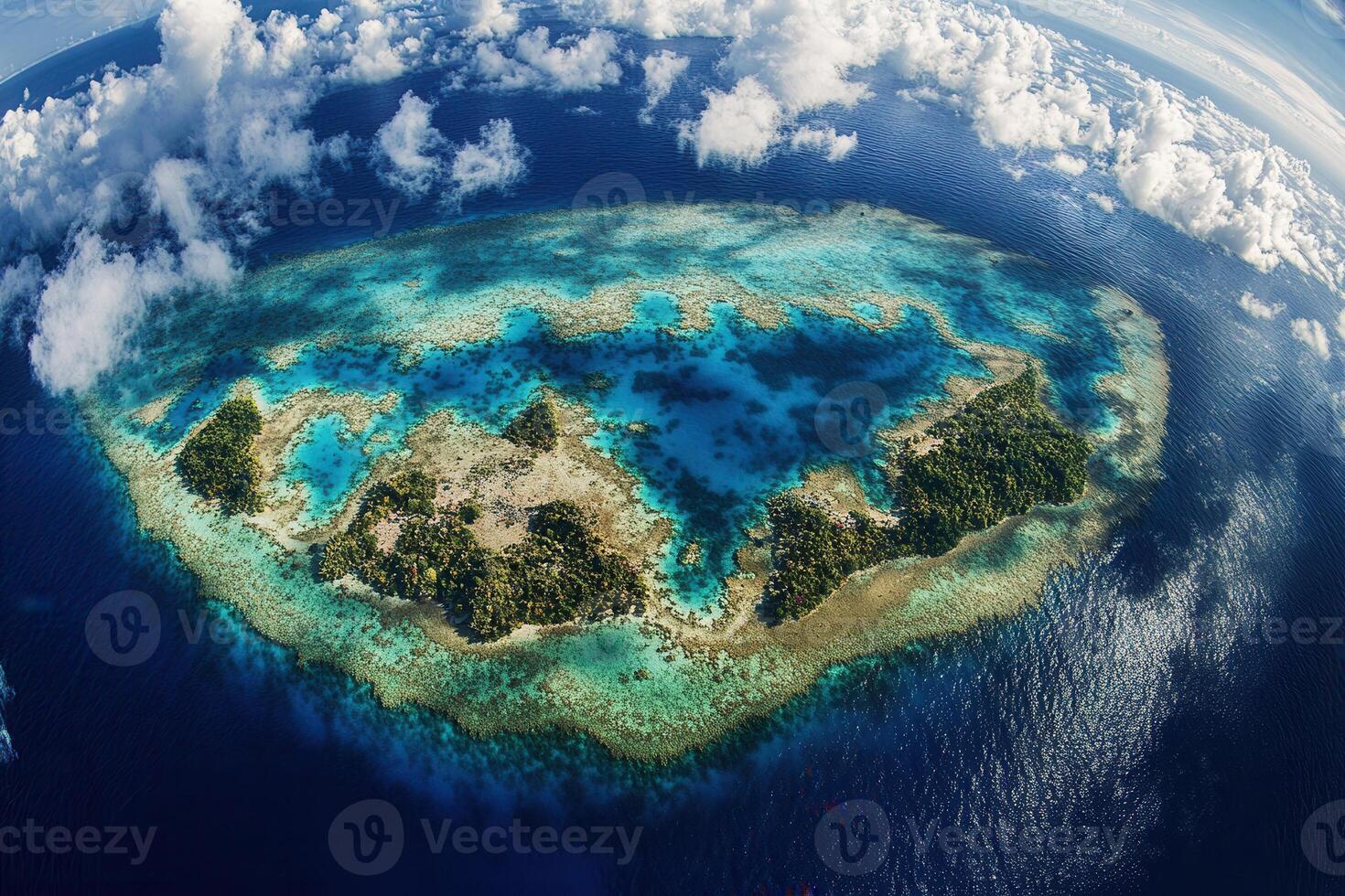 Aerial view of a tropical island surrounded by clear waters. photo