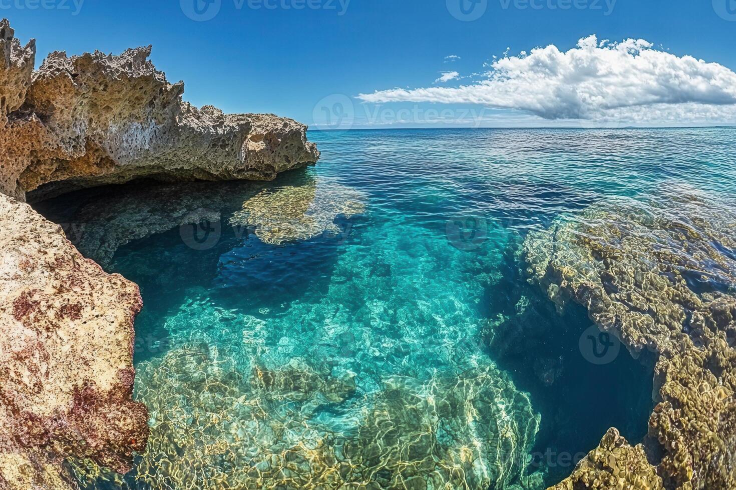 Serene coastal view with clear turquoise waters. photo