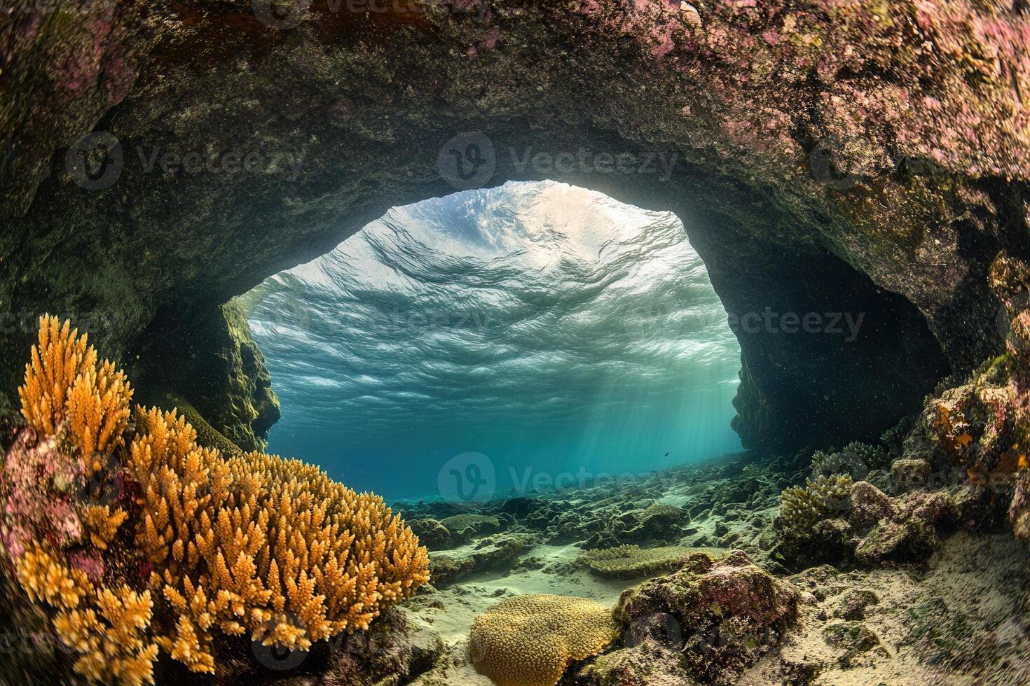 Underwater cave with coral and sunlight filtering through. photo