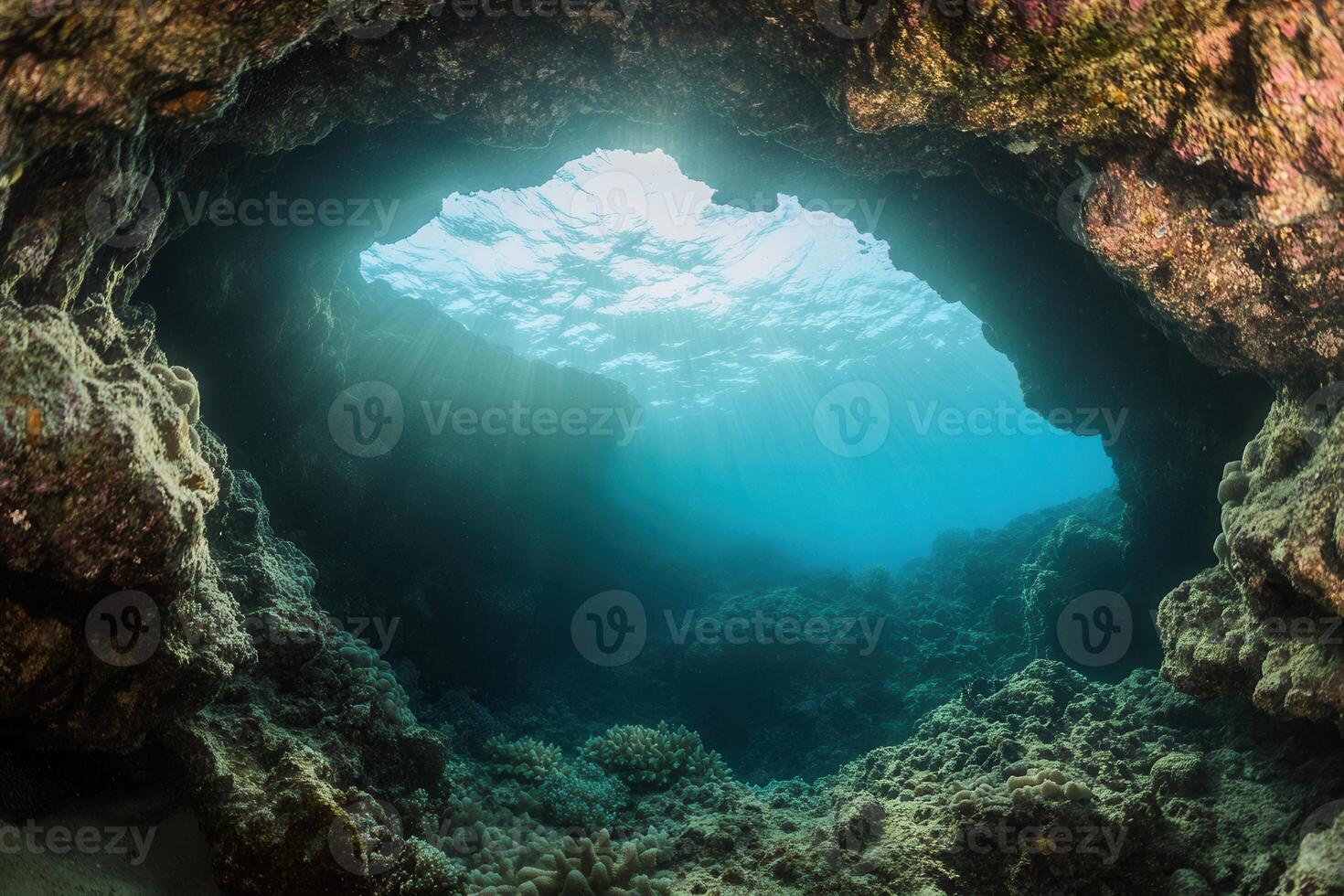 Underwater cave with sunlight filtering through. photo