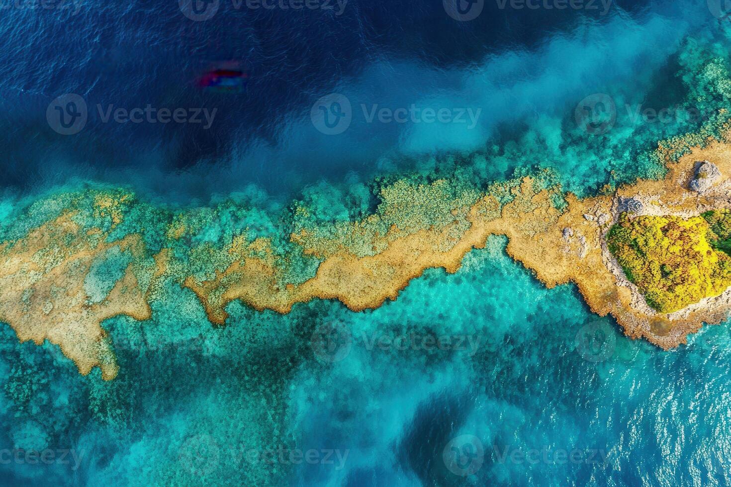 Aerial view of a vibrant coral reef and turquoise waters. photo