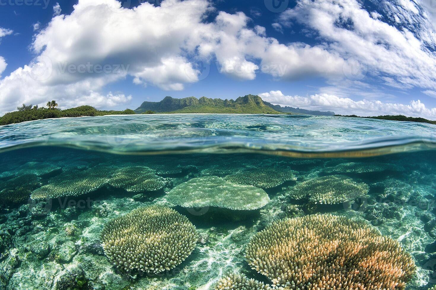 Underwater coral reef with mountains in the background. photo