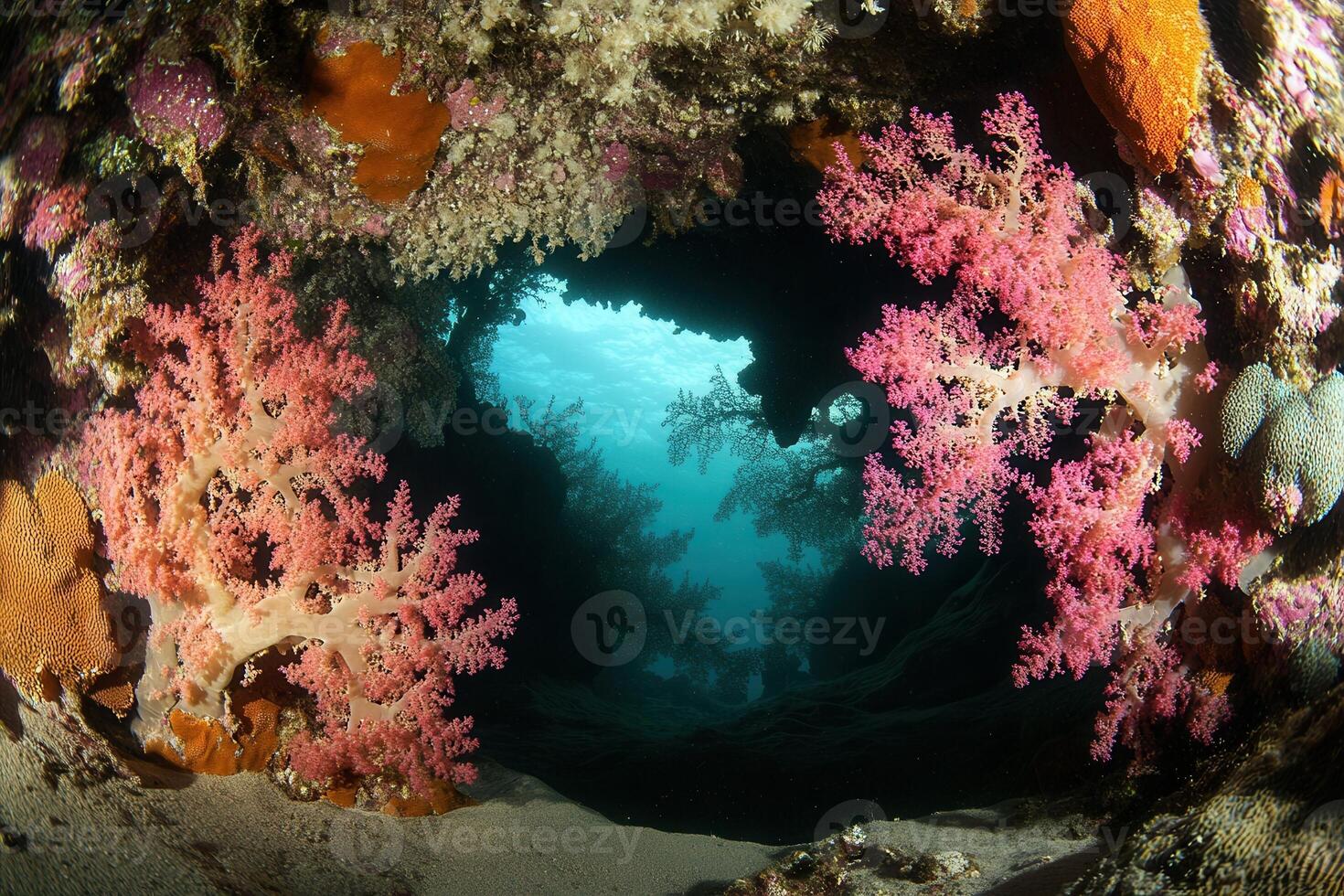 Underwater scene featuring vibrant coral formations. photo