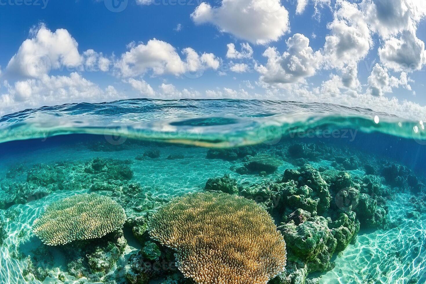 Underwater scene with coral reefs and clear water. photo
