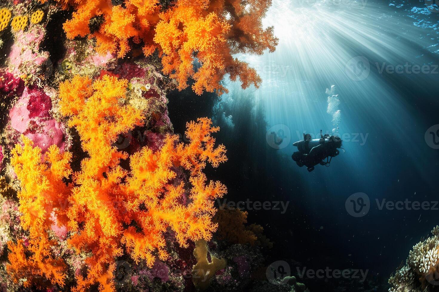 Underwater scene with vibrant coral and diver. photo