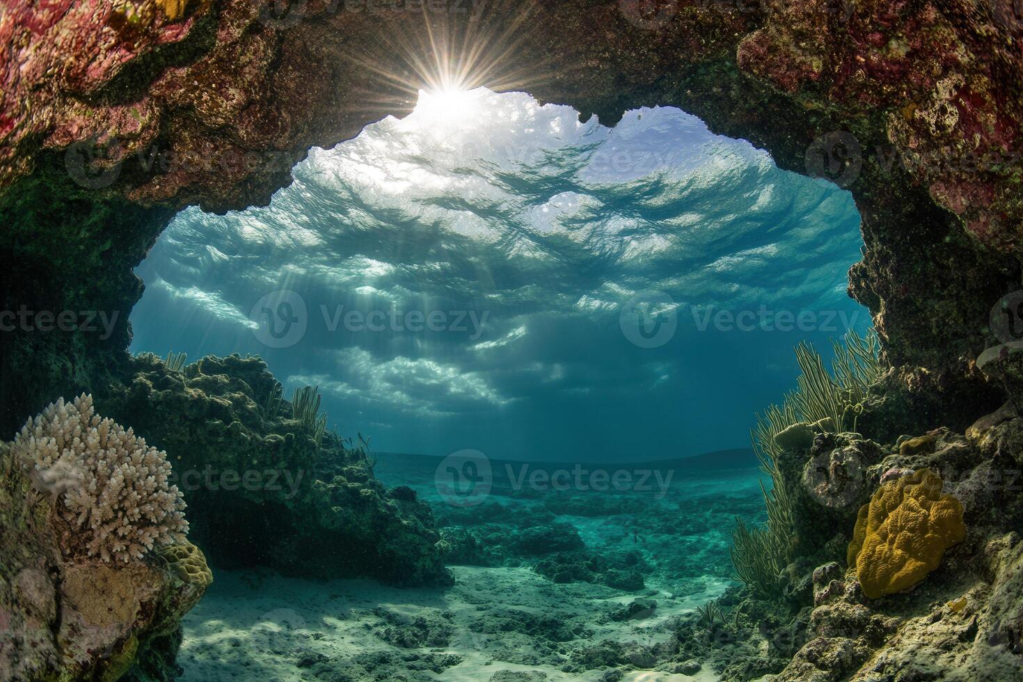 Underwater scene with sunlight filtering through coral arch. photo