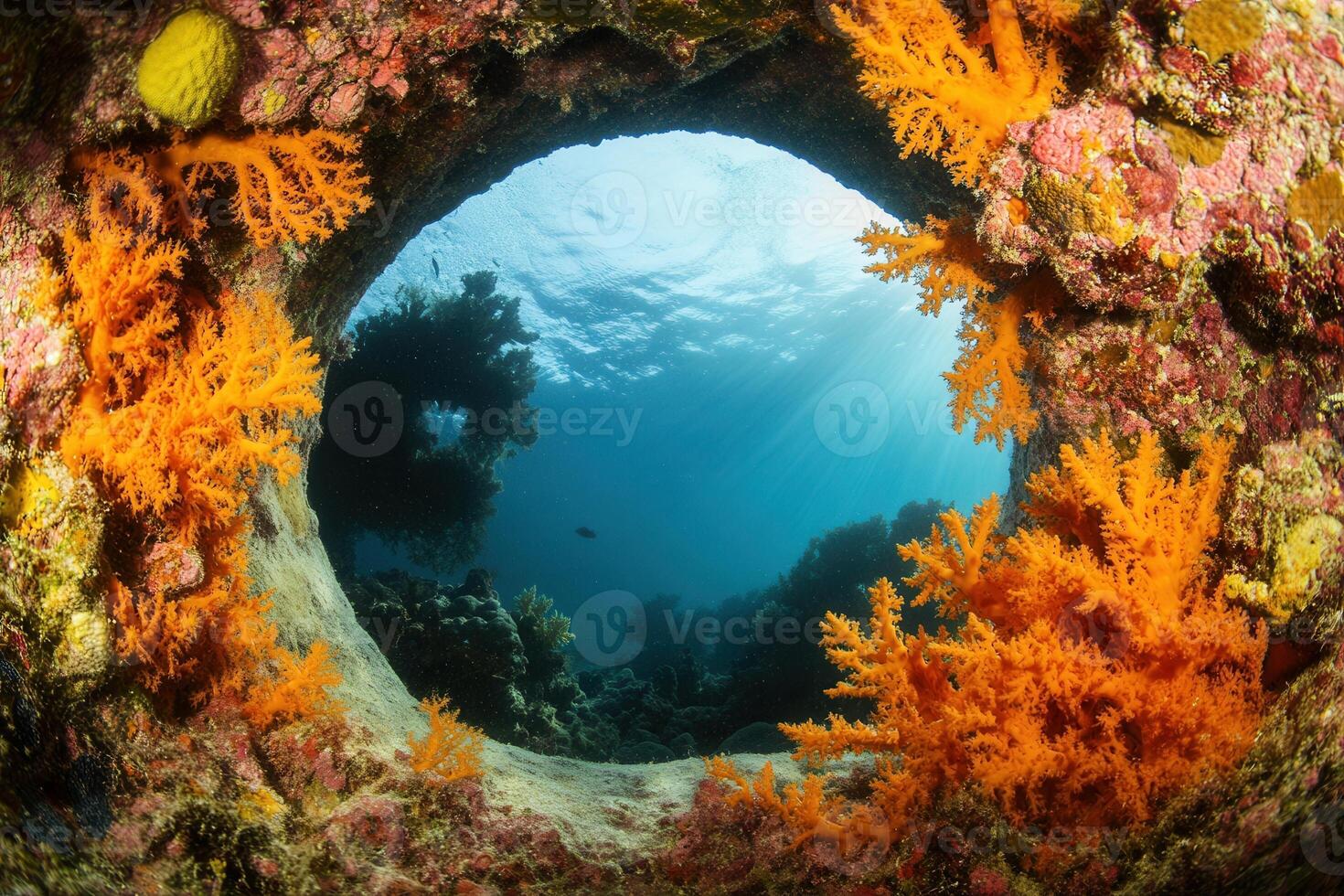 Underwater scene framed by coral and ocean view. photo