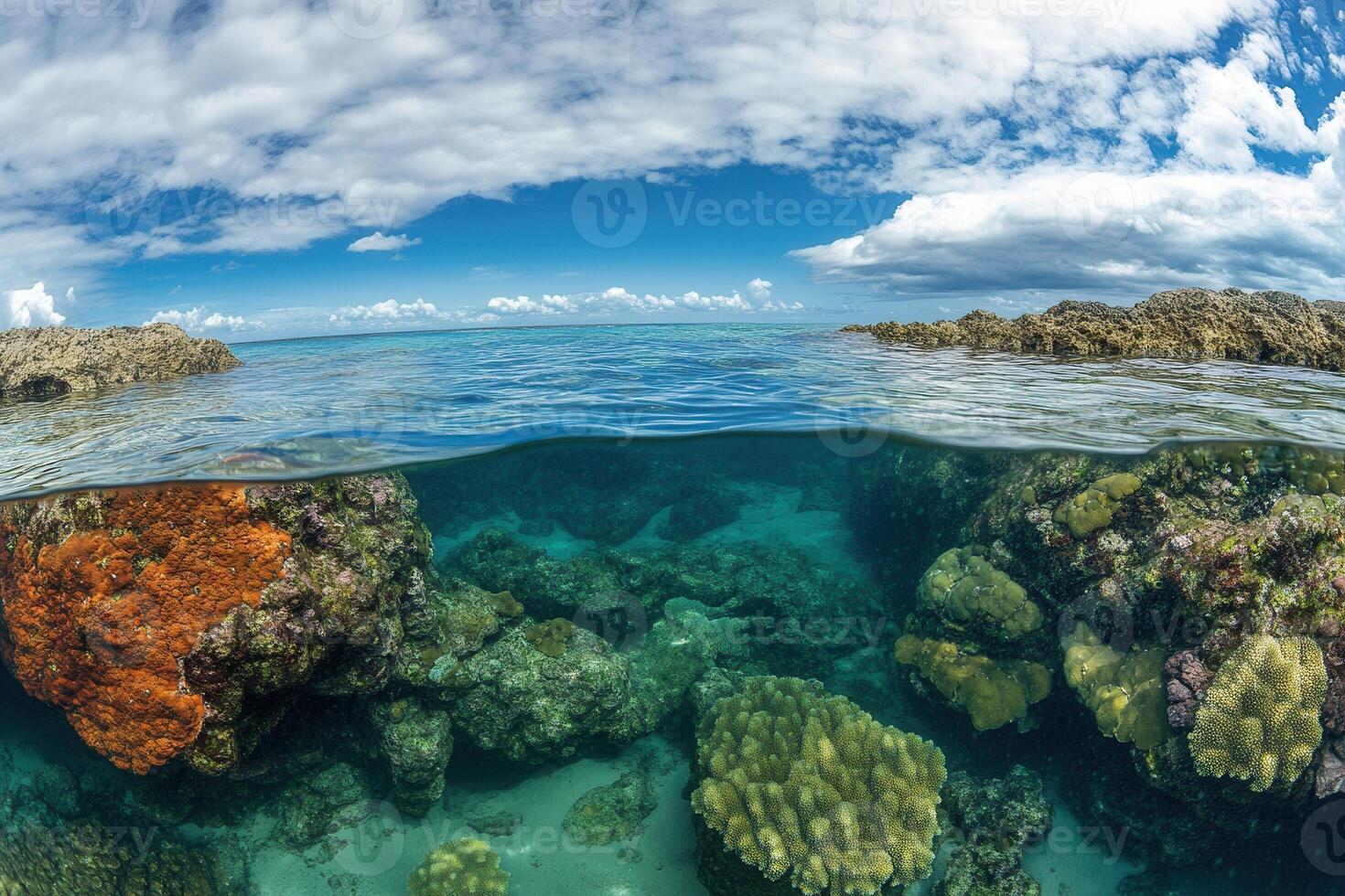 Underwater coral reef scene with clear blue water. photo