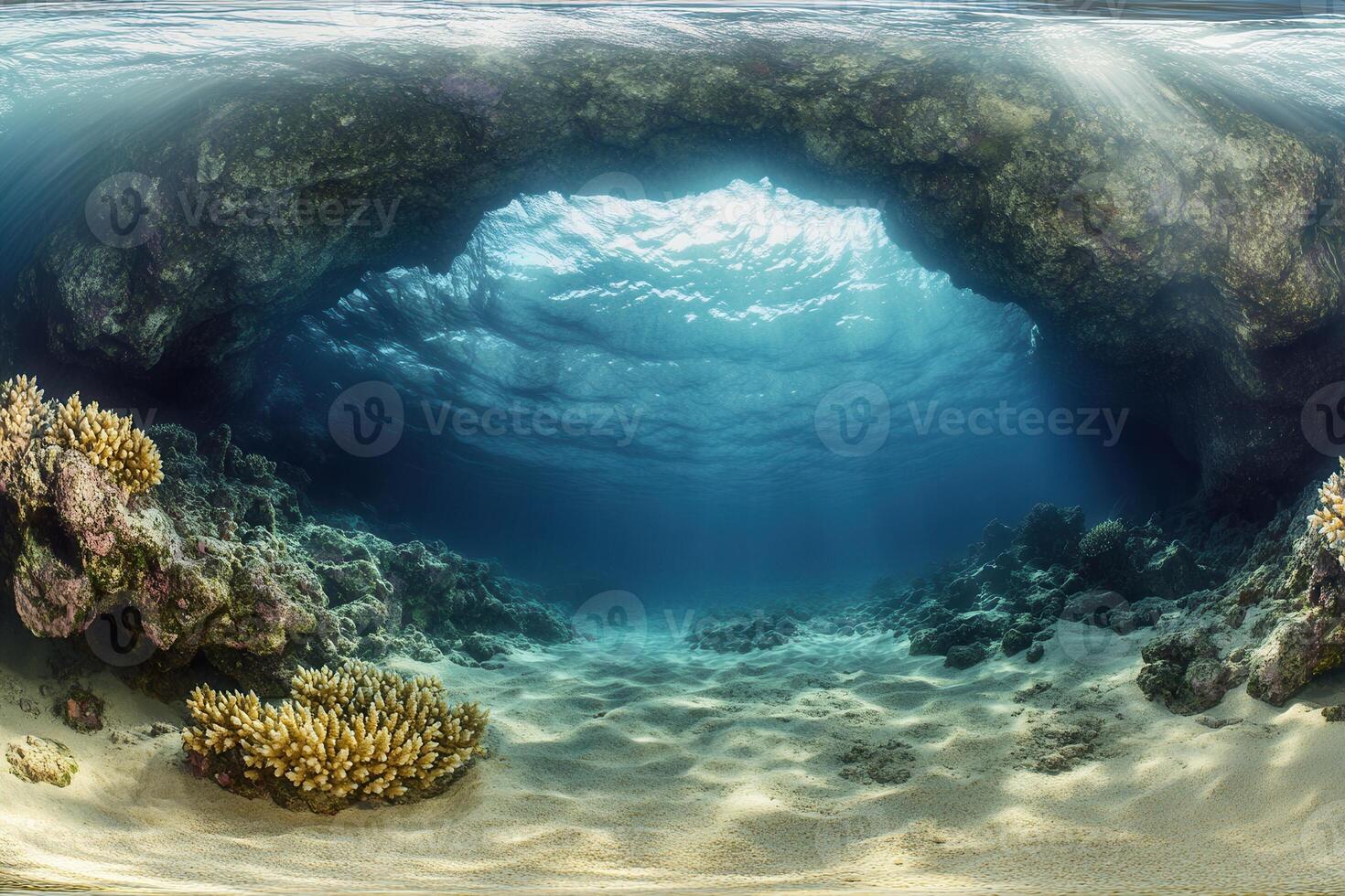 Underwater scene showcasing coral and natural archway. photo