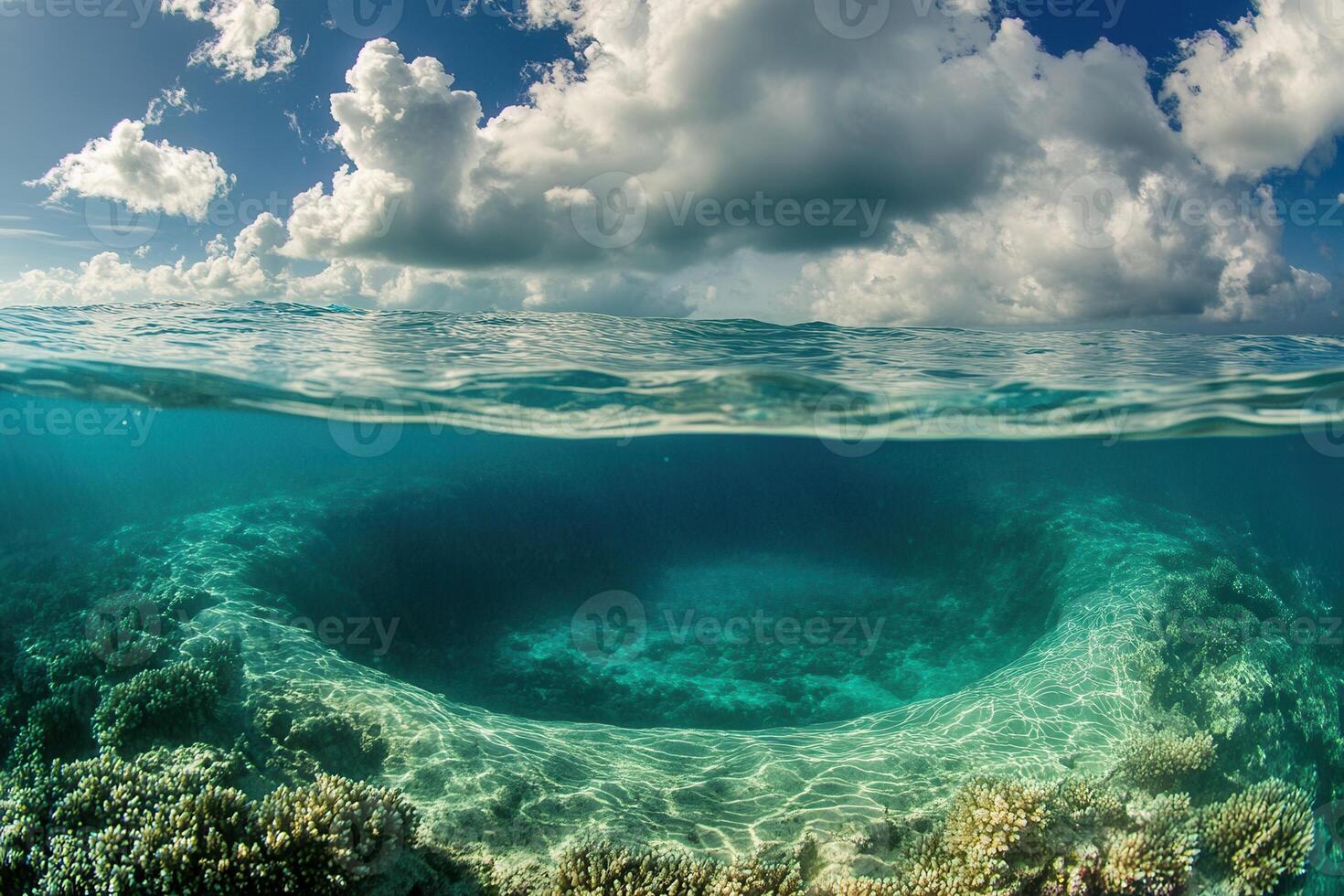 Underwater scene showing coral and clear water surface. photo