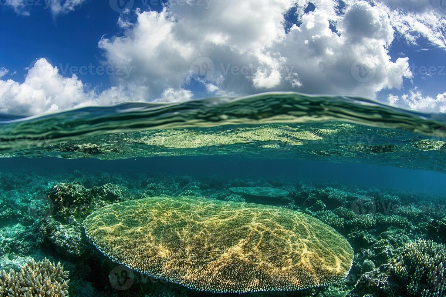 Underwater scene with coral and sunlight reflections. photo