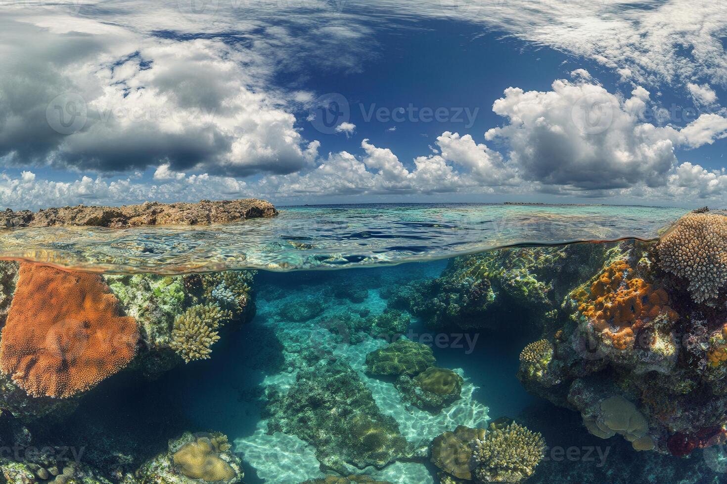Underwater view of a vibrant coral reef and ocean. photo