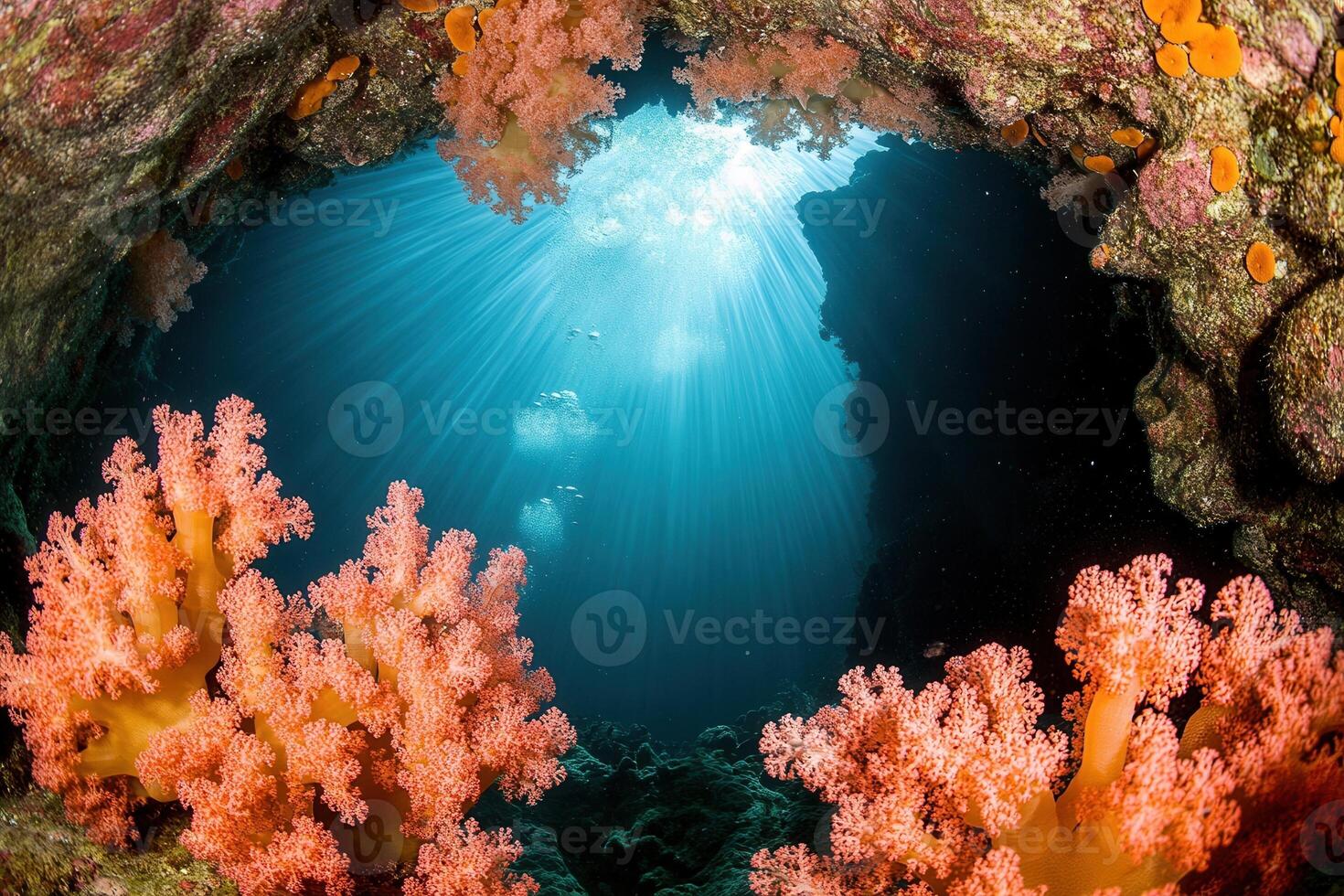 Underwater scene with vibrant coral and light rays. photo