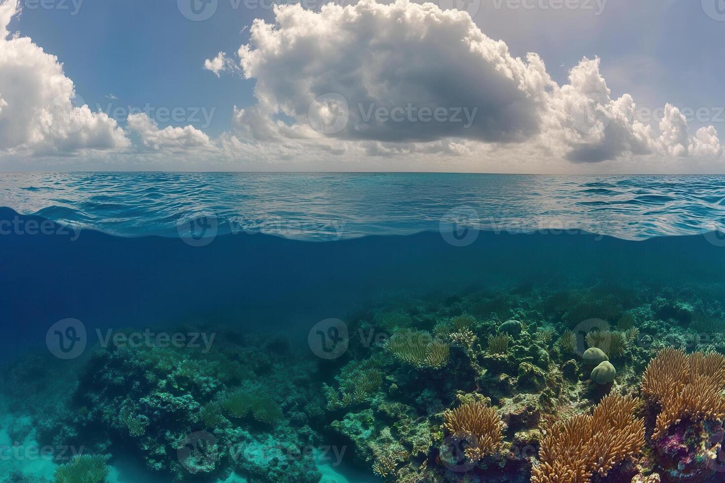 Underwater view of coral reef and ocean surface. photo