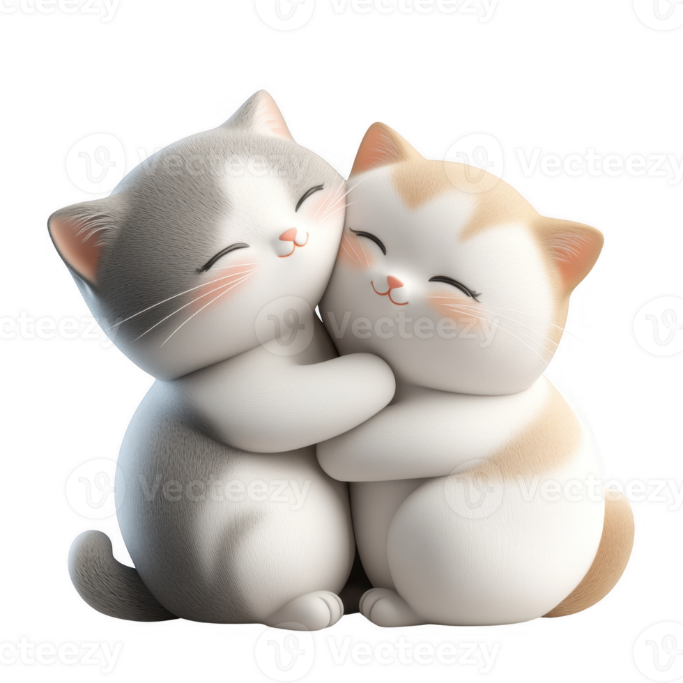 3d icon valentine Two cartoon cats hugging each other on transparent background png