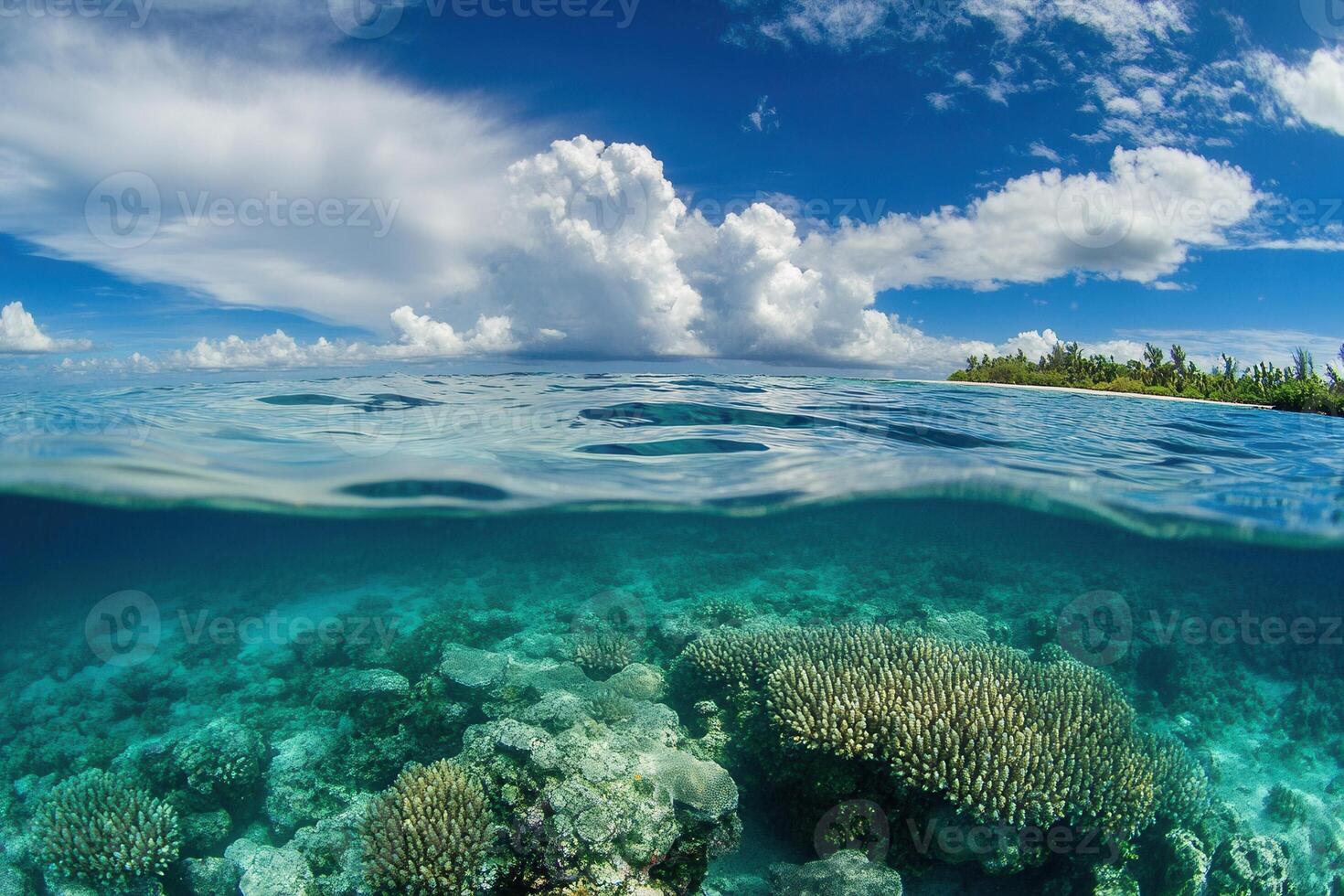 Underwater view of coral reefs and clear ocean water. photo