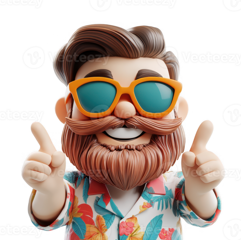 3d icon illustration of a happy cartoon man in sunglasses and hawaiian shirt pointing upwards with both index fingers on a clear background png