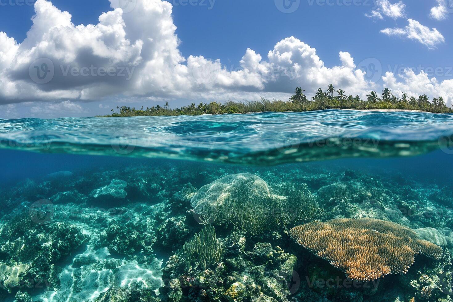 Underwater view of coral reefs and tropical landscape. photo