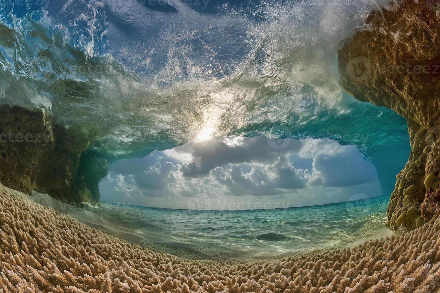 Underwater view of waves and coral formations. photo
