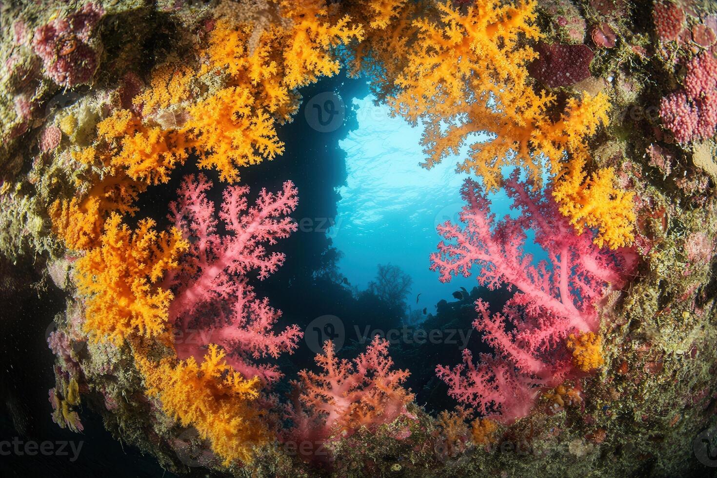 Vibrant coral reef scene with colorful marine life. photo