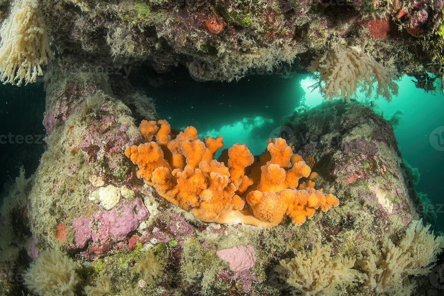 Vibrant coral reef scene with orange sponges. photo