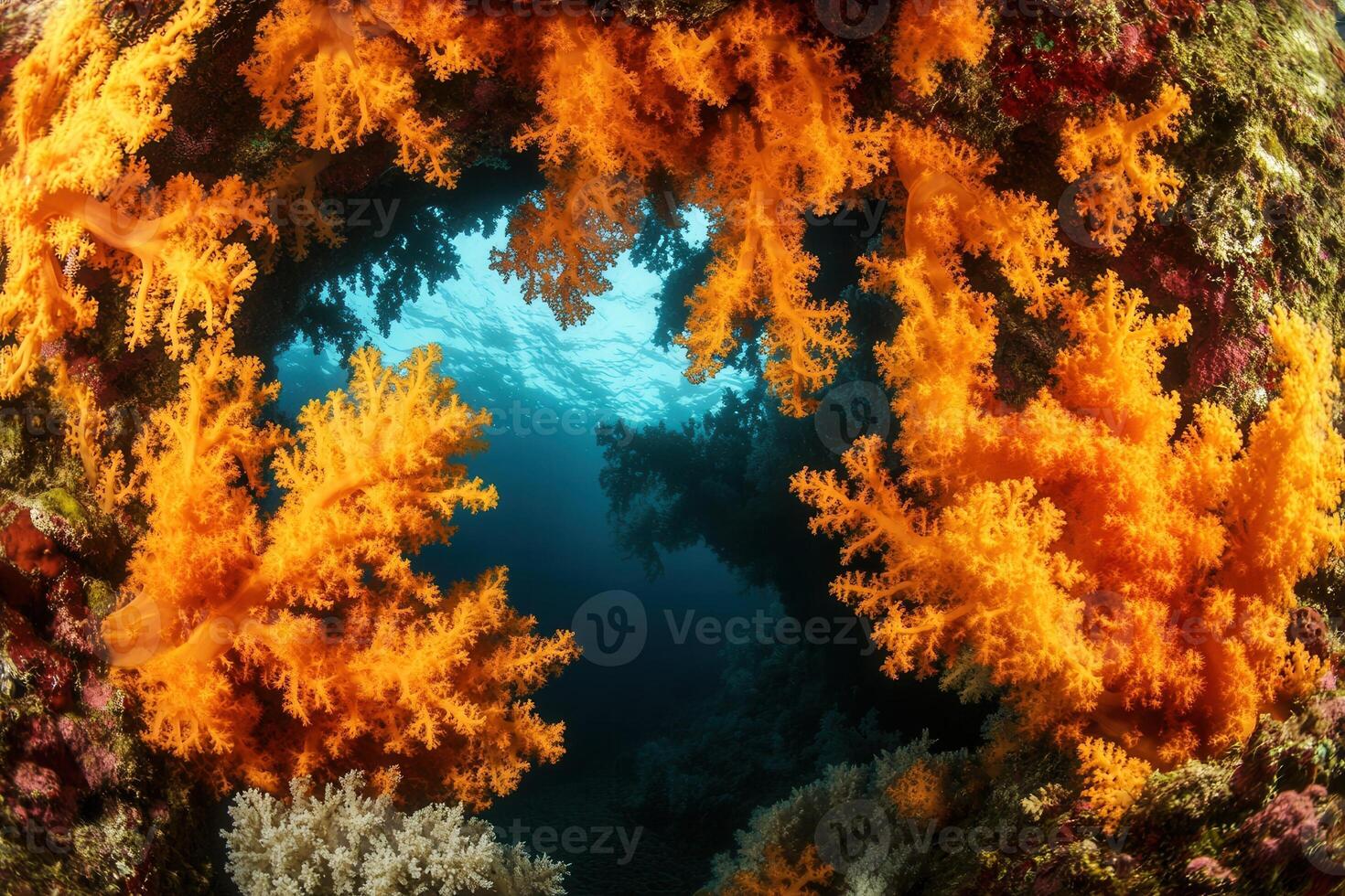 Vibrant coral formations in an underwater scene. photo