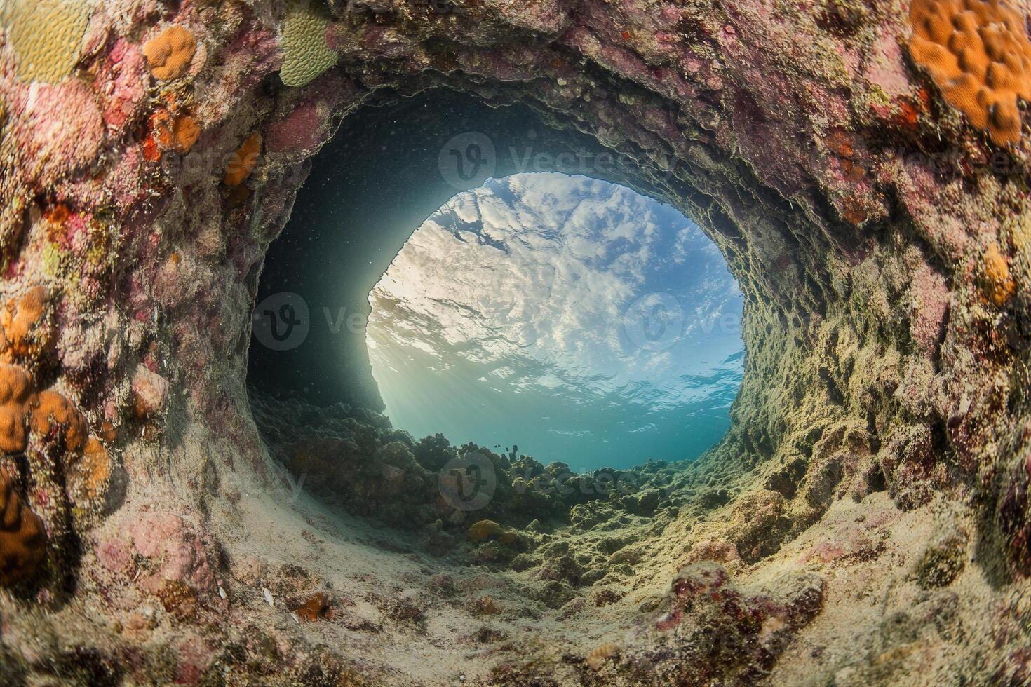 Underwater view through a circular coral formation. photo