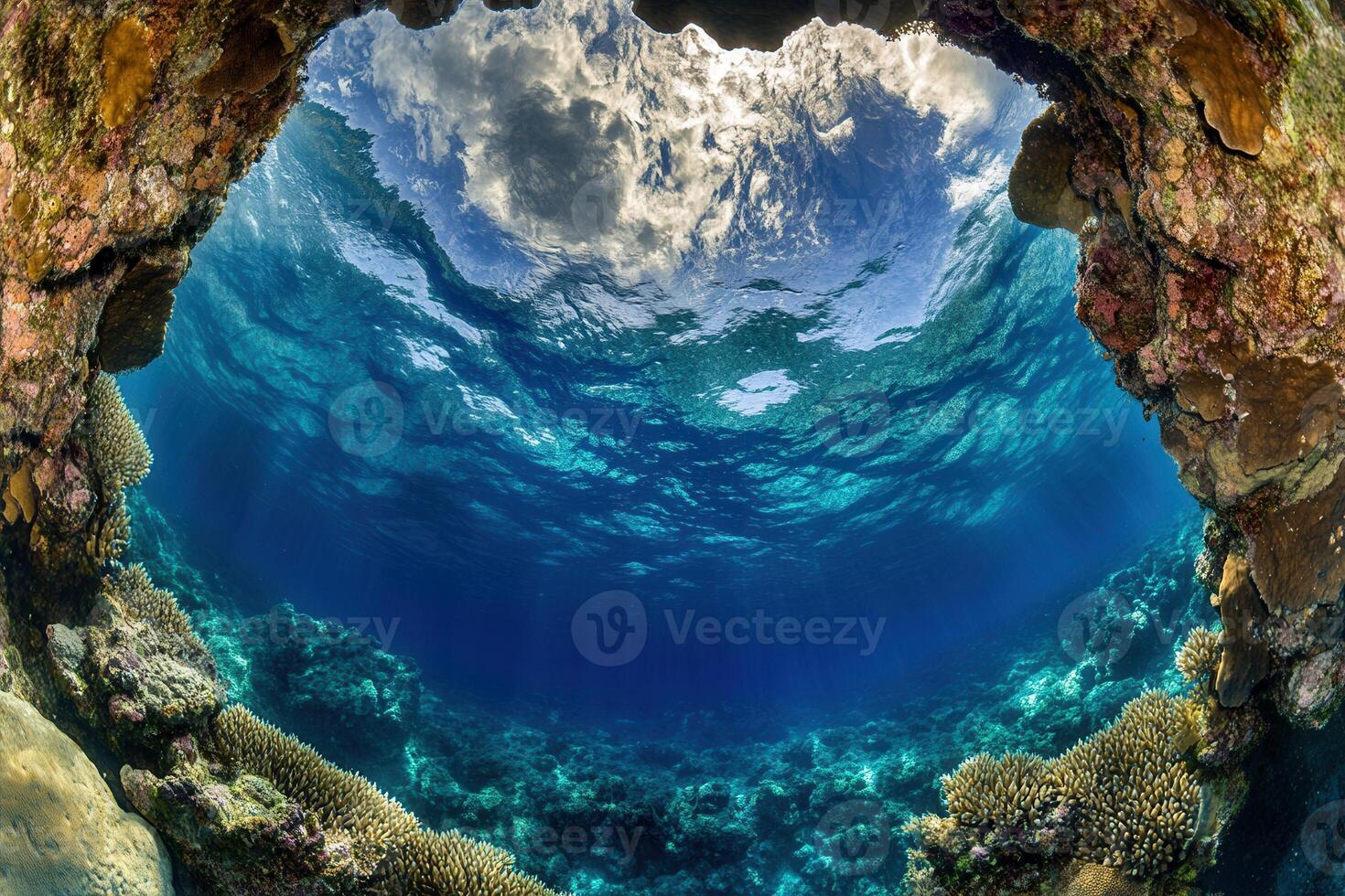 Underwater view through a coral arch with sunlight. photo