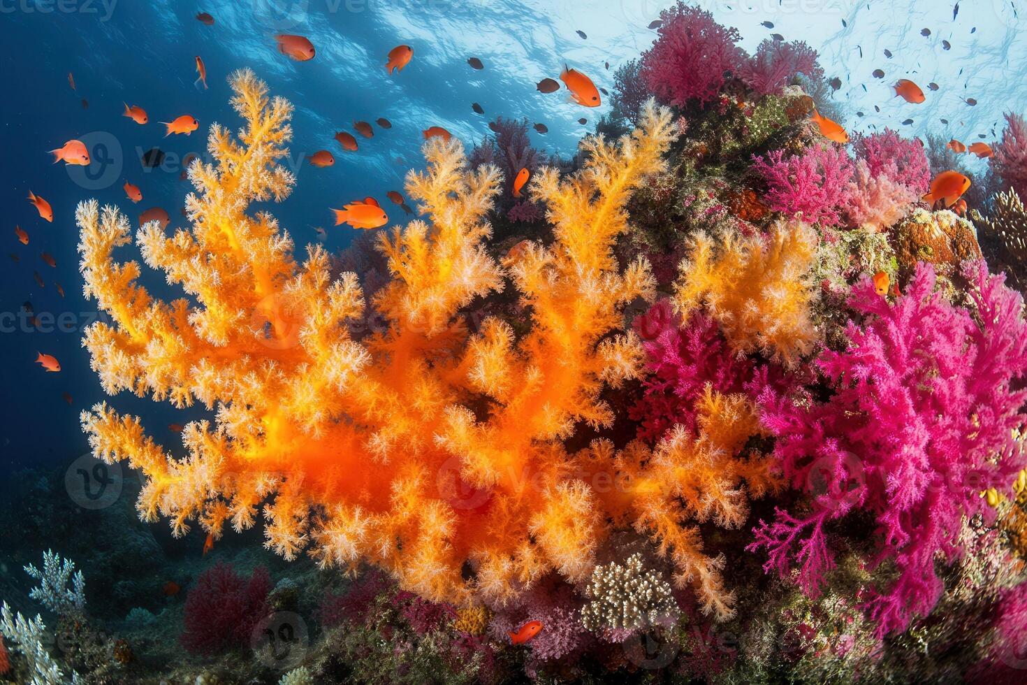 Vibrant coral reef teeming with colorful marine life. photo