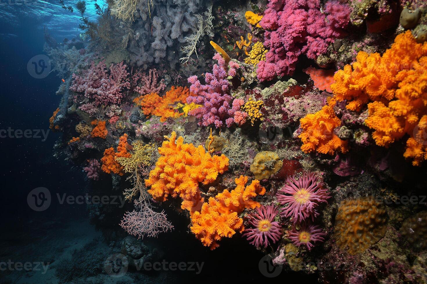 Vibrant coral reef teeming with colorful marine life. photo