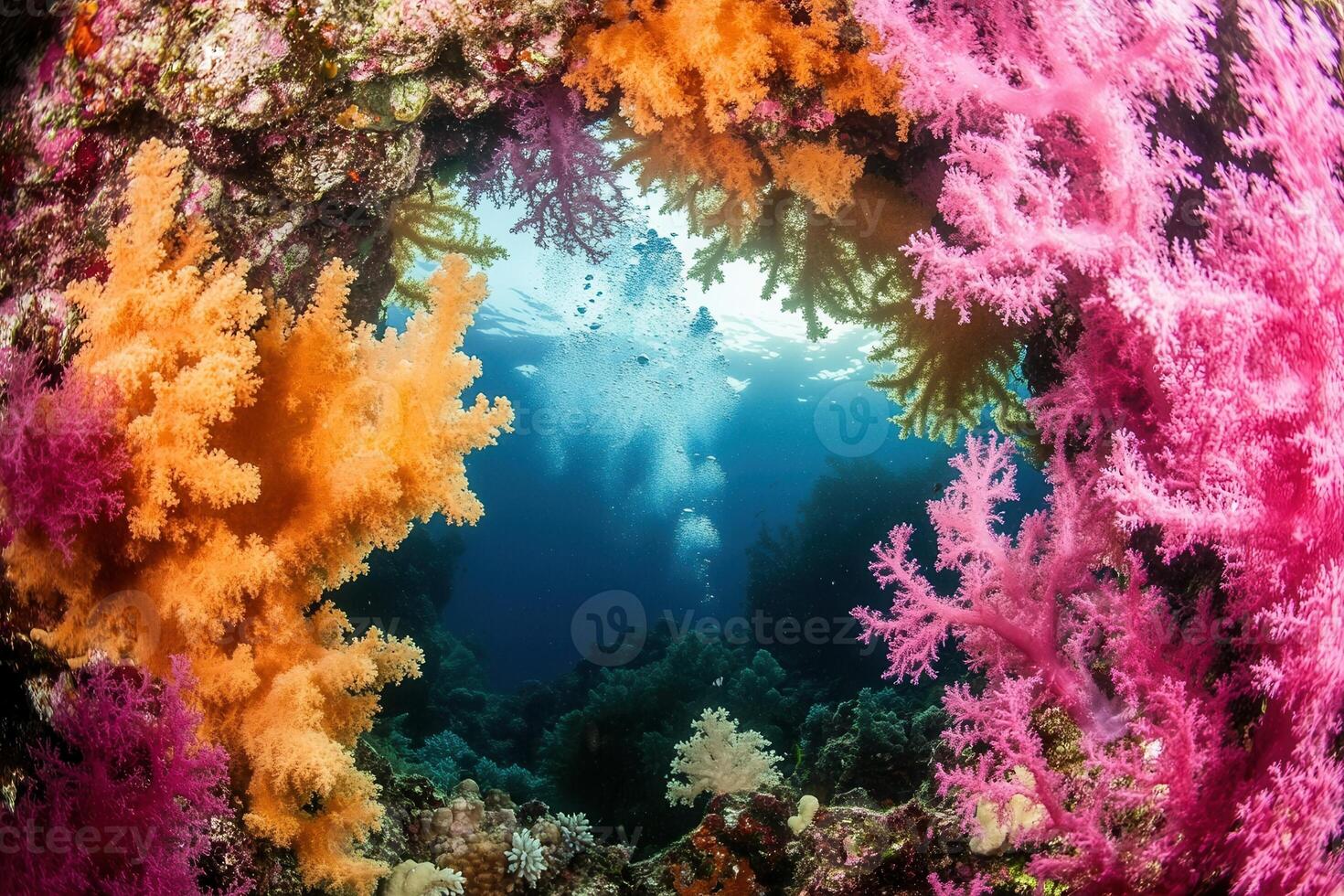 Vibrant coral reef framed by colorful corals. photo