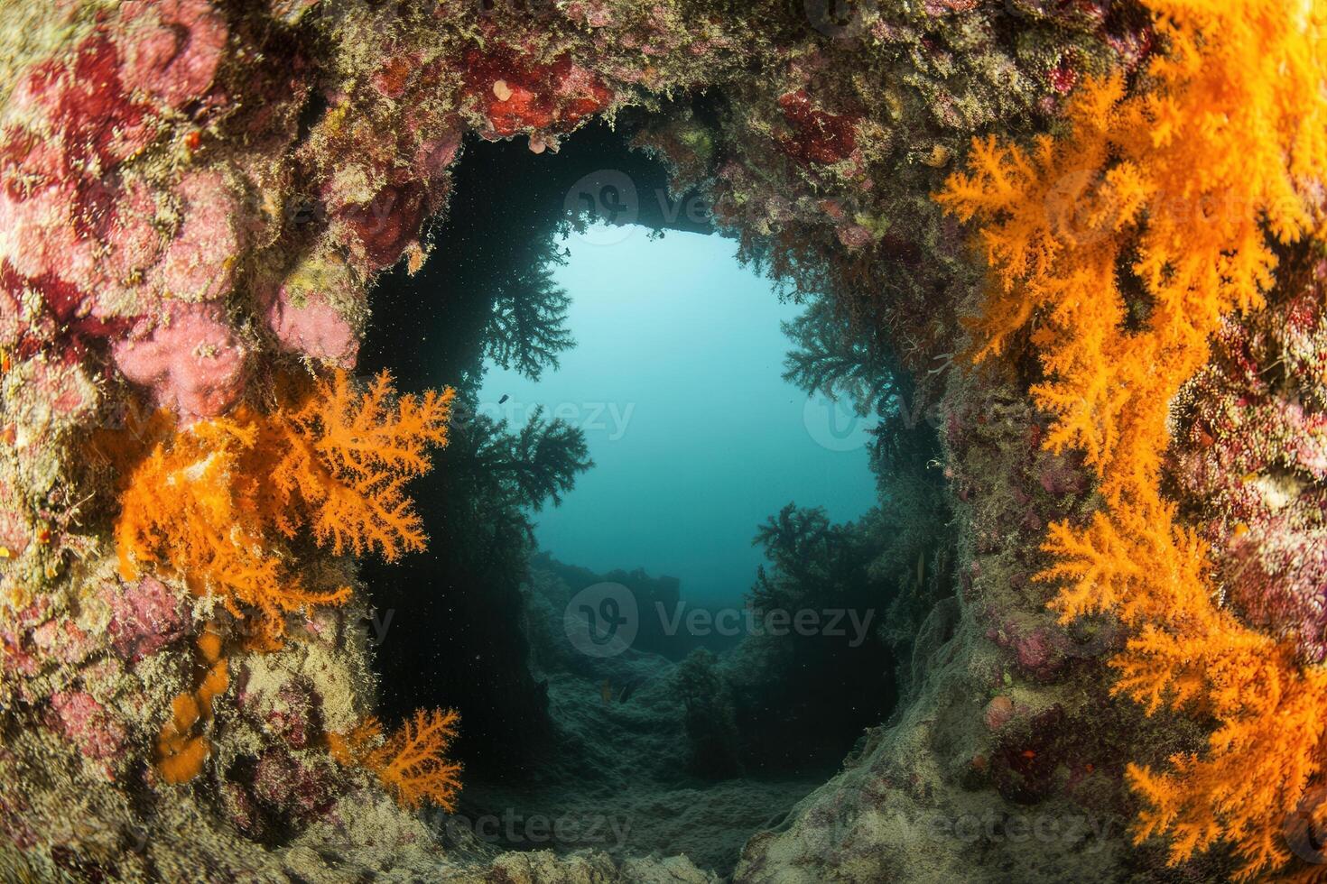 Underwater view through a coral-encrusted opening. photo