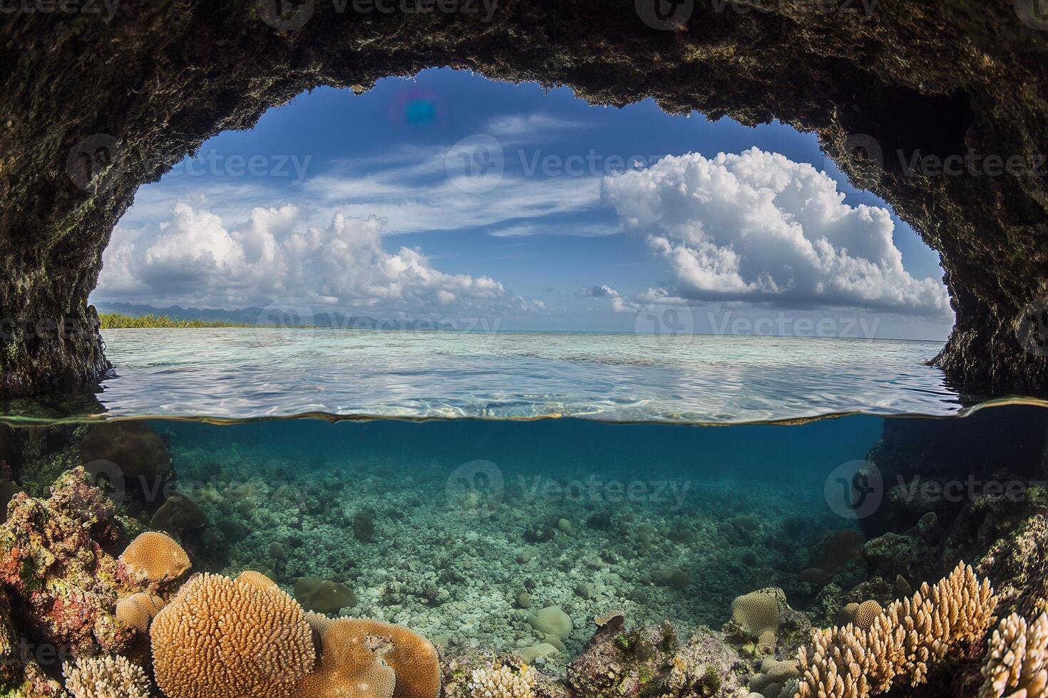 Underwater view through a rocky arch, showcasing coral. photo