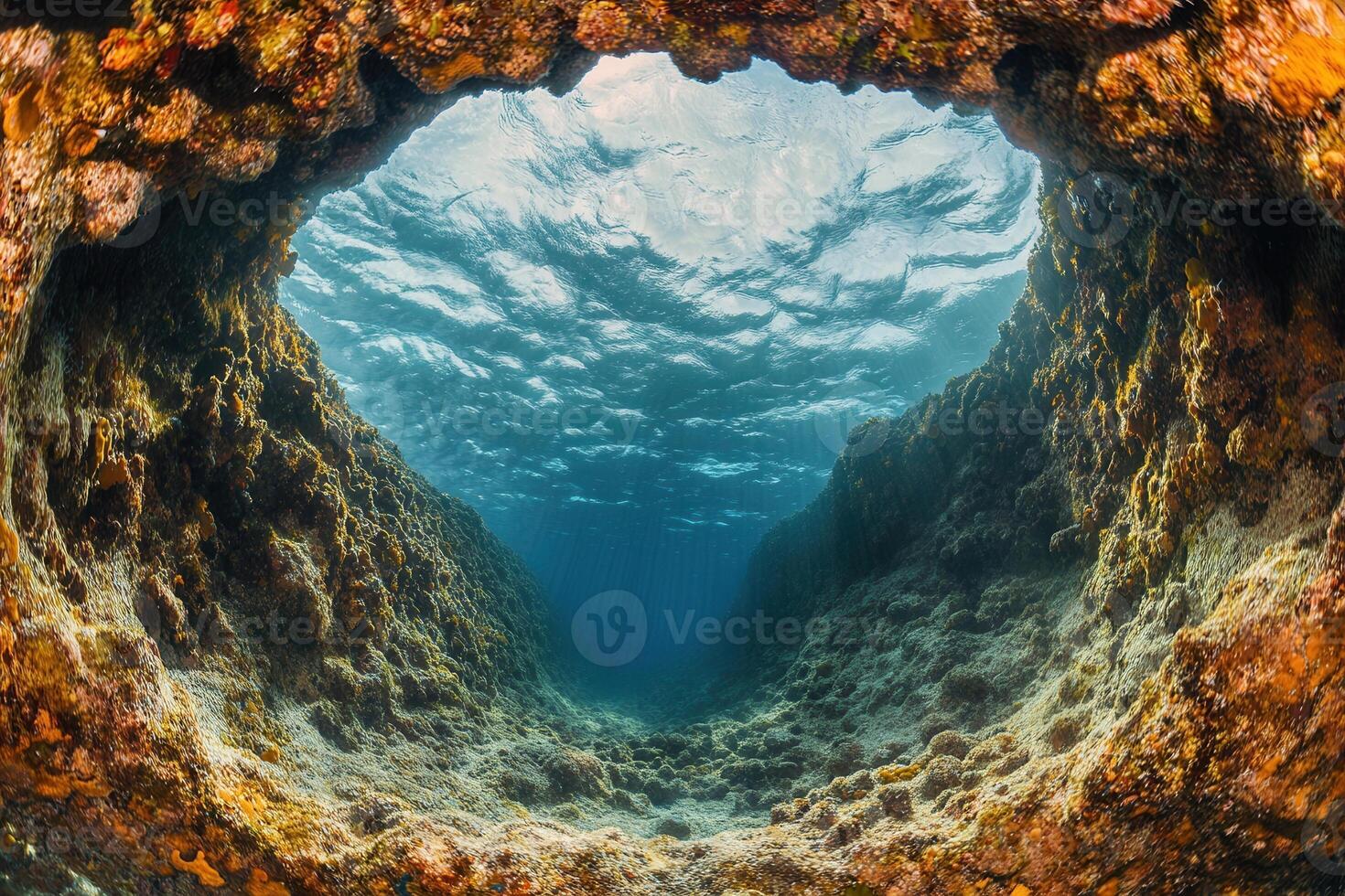 Underwater view through a rocky archway. photo
