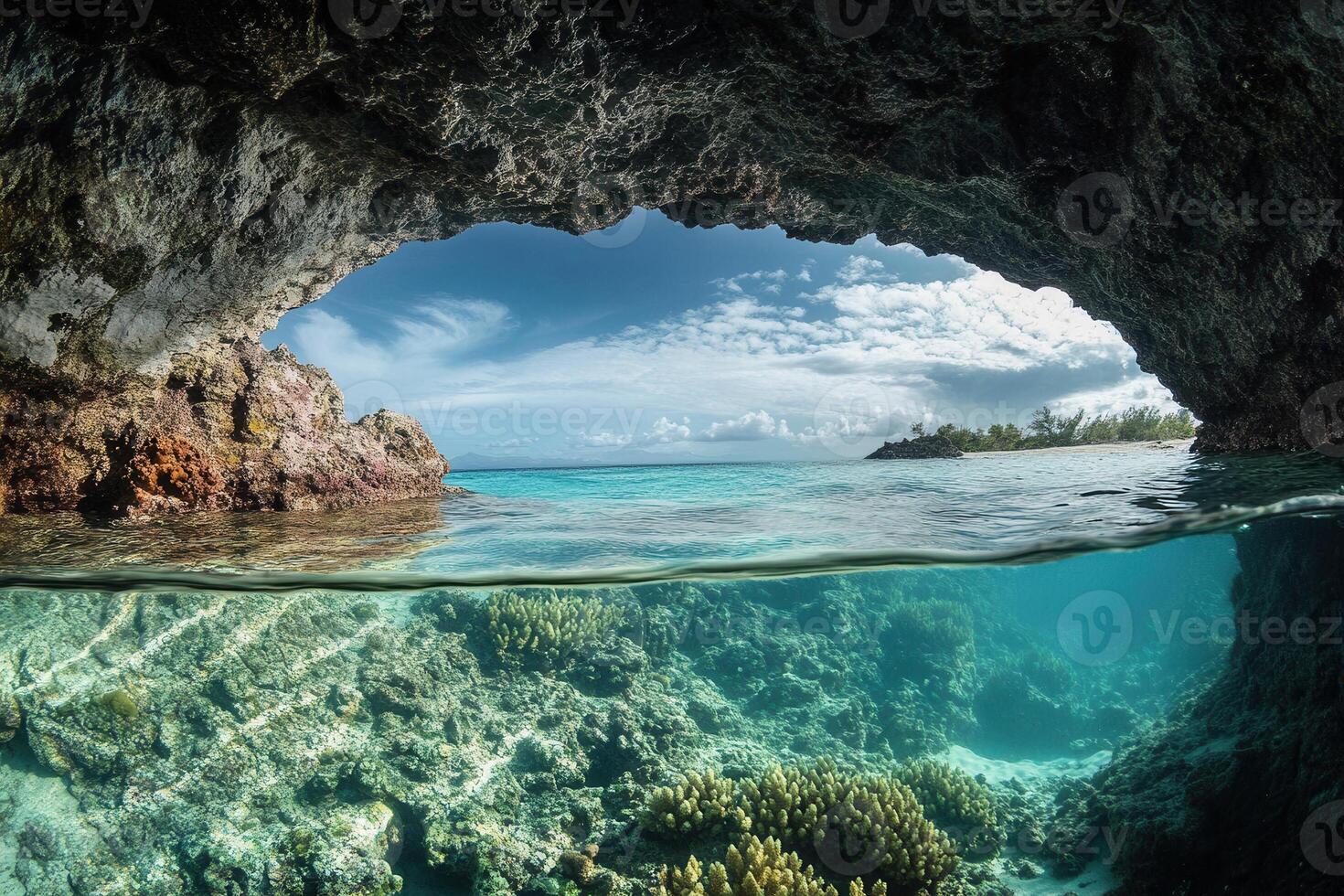 Underwater view through a rocky cave by the ocean. photo