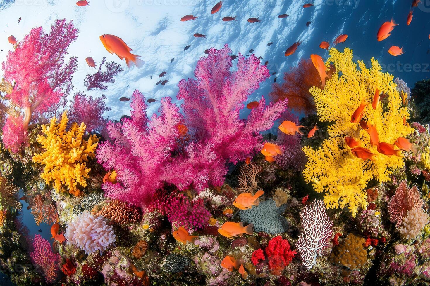 Vibrant coral reef teeming with colorful fish. photo