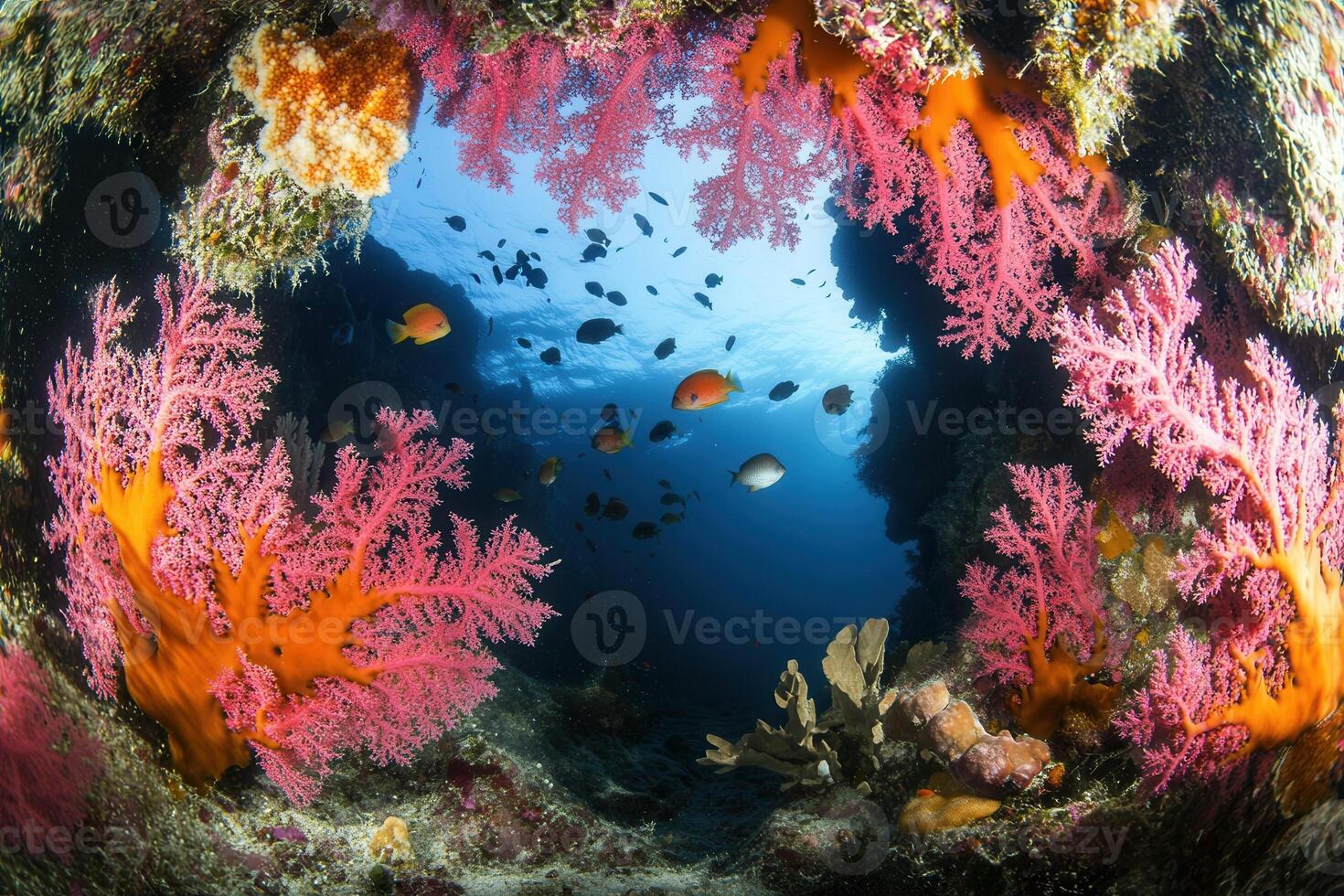 Vibrant coral reef teeming with colorful fish. photo