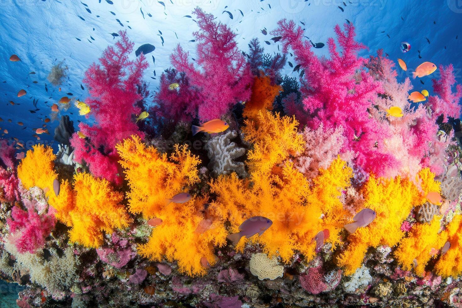 Vibrant coral reef teeming with colorful marine life. photo