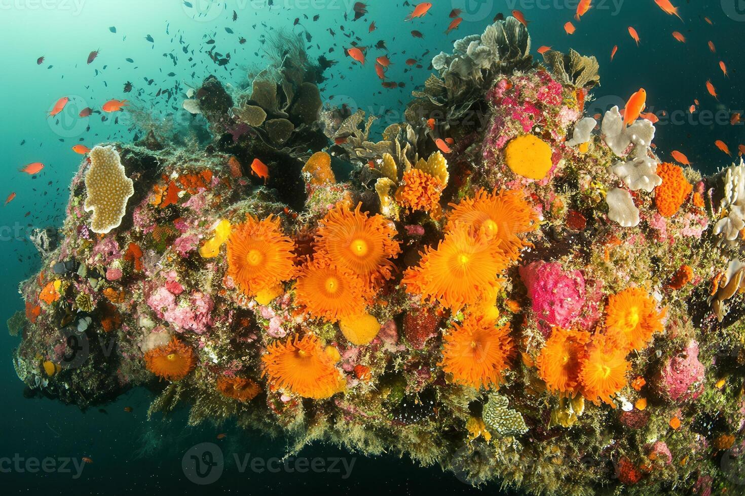 Vibrant coral reef teeming with colorful marine life. photo