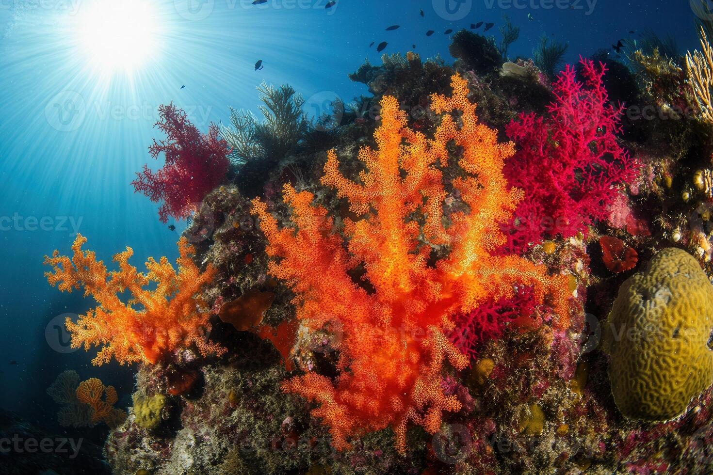 Vibrant coral reef with colorful marine life. photo