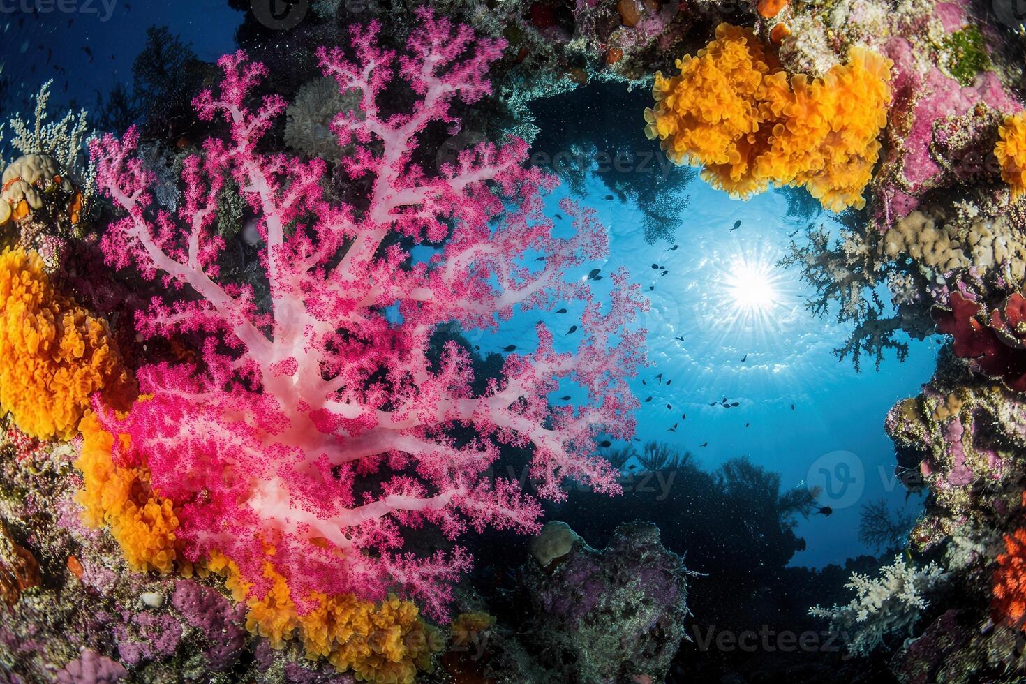 Vibrant coral reef with colorful marine life and sunlight. photo